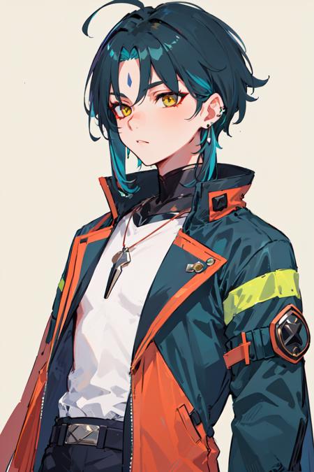 00040-3836887247-masterpiece, best quality, 1boy, male focus, yellow eyes,  _lora_Genshin_Xiao_AP_v3_0.65_, _jacket, necklace, earrings, shirt, d.png